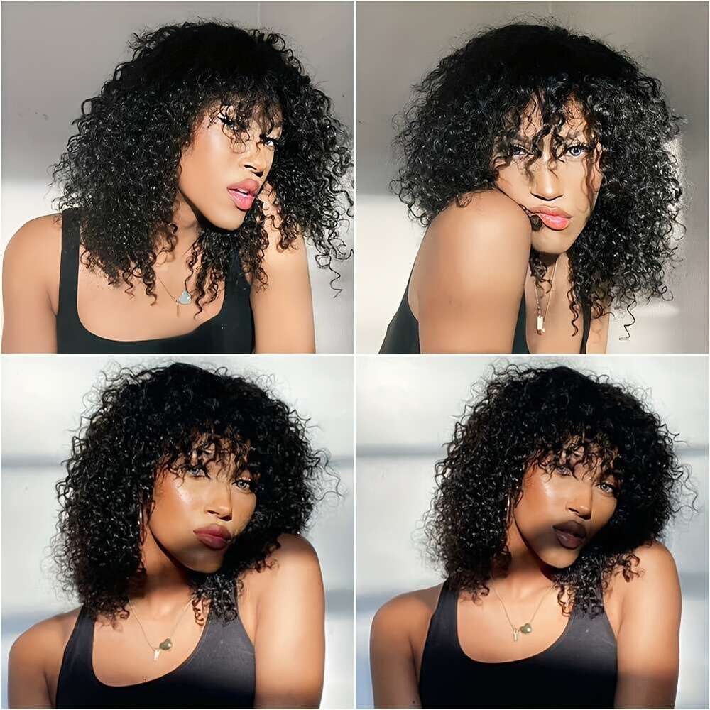 Short Bob With Bangs None Lace Front For Women 180% Density Kinky Curly Fringe Bang Wig Human hine Made Brazilian Unprocessed Virgin Hair Wigs Natural