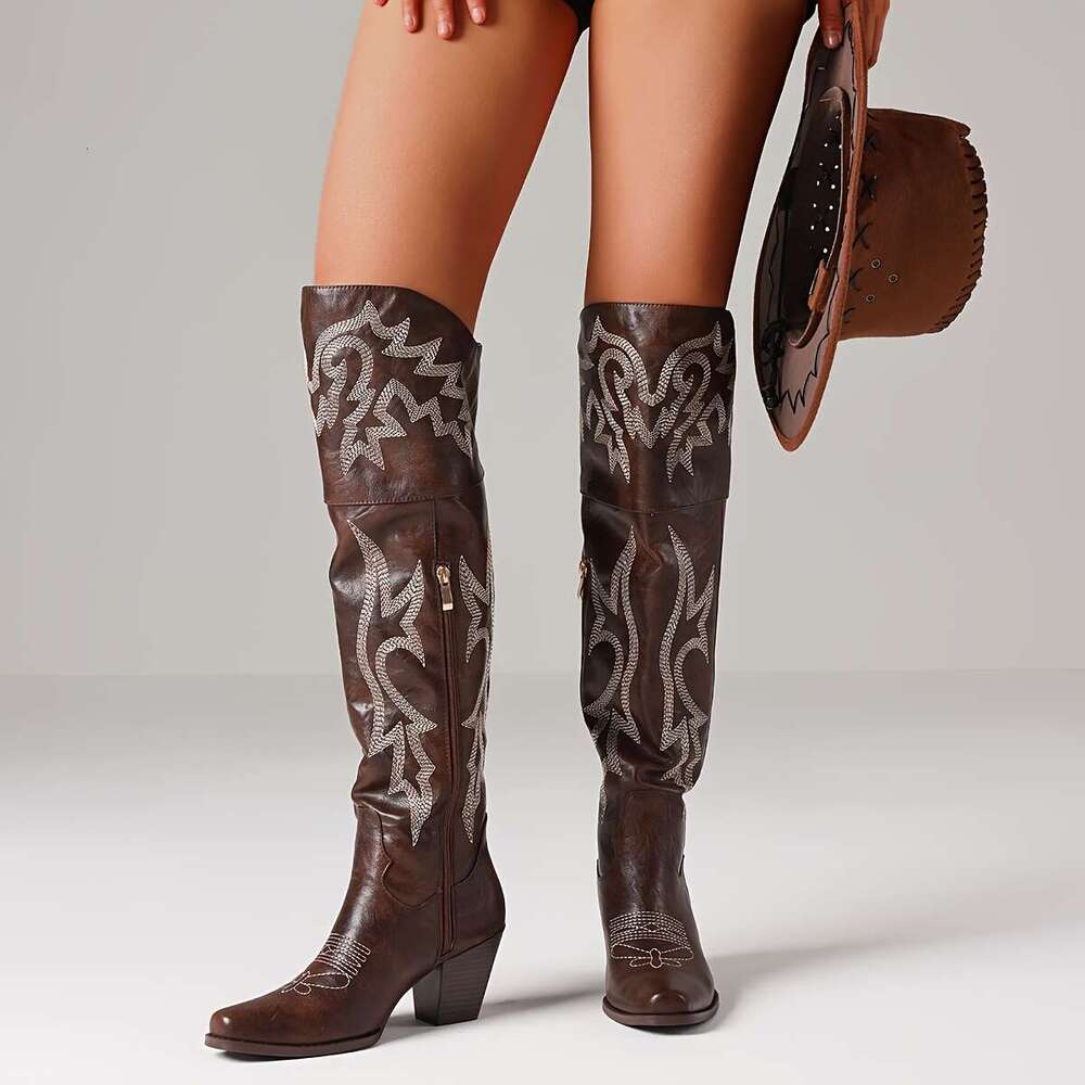 Cowgirl Western Knee High With Embroidery, Pointed Toe And Chunky Heel, Zipper Boots, Retro Outdoor Cowboy Boots For Women