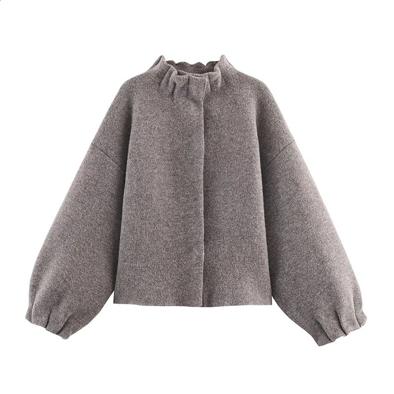YENKYE Gray Knit Bomber Jacket For Women Lantern Sleeve Stand Collar Casual Autumn Winter Coat 251018
