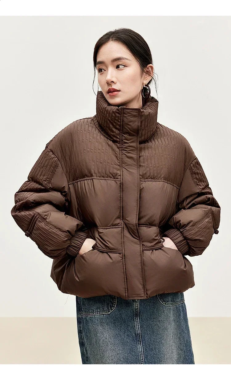 SENTUBILA Womens Cropped Down Coat Winter Warm Puffer Jacket 90 White Duck Down Stand Neck Solid Outerwear W44Y56273 251023