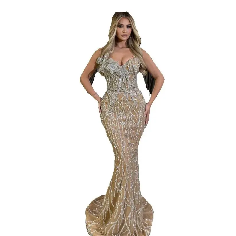 Elegant Mermaid Evening Dress Shine Crystal Prom Gowns Beads 3D-Neck Sexy Prom Dress vestidos de novia Plus Size Customized Robes De Mariee L252775