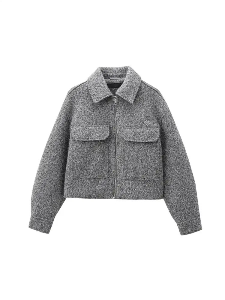 Cropped Jacket with Pockets for Women Long Sleeve Coat Front Zipper Female Outerwear Chic Tops Fashion 251018