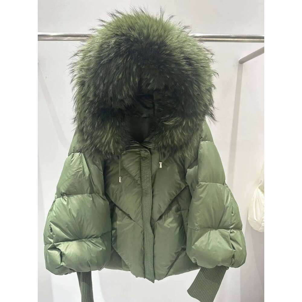 Winter Natural Large Fur Collar Hooded Female Lantern Sleeve Warm Quilted Jacket Women Short White Duck Down Outwear Womens Coat