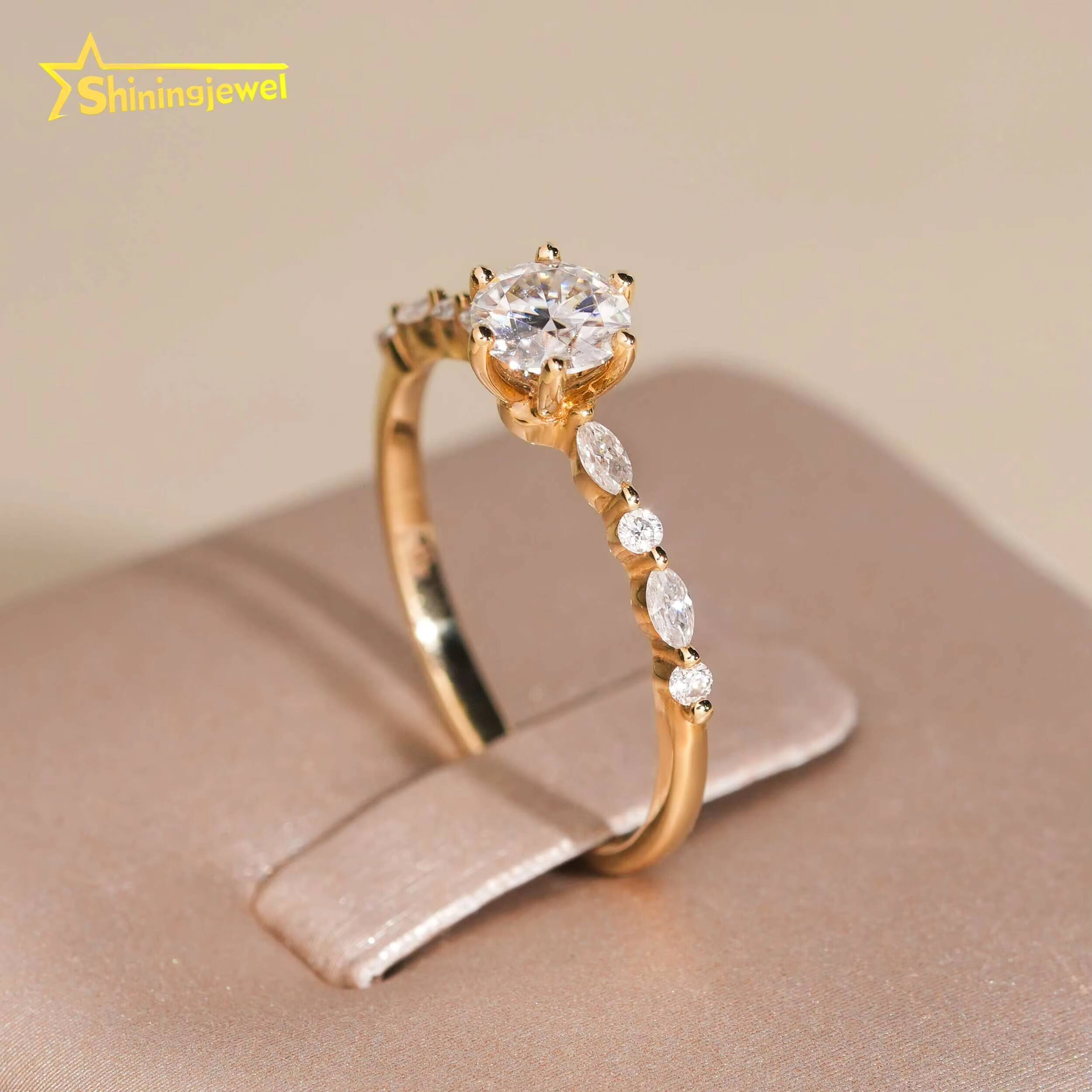 14K Solid Gold Fashion Women Ring Round Cut Moissanite Engagement Rings for Women Pass Diamond Tester