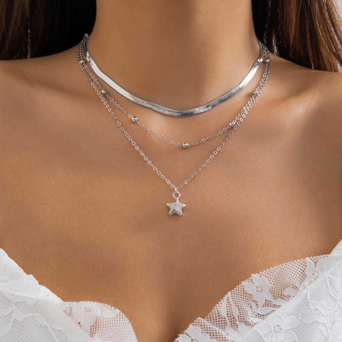 KunJoe 3pcsset Punk Silver Color Copper Bead Flat Snake Chain Necklace for Women Vintage Star Pendant Necklace SetXJ251024