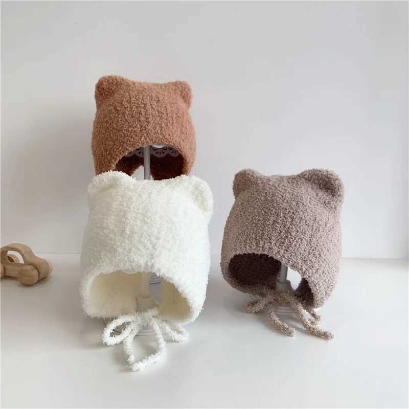 Lamb Fleece Baby Ear Protection Hat Winter Warm Infant Earmuffs Cap Solid Color Kids Plush Headgear 12year Toddler Tie BeaniesL251024