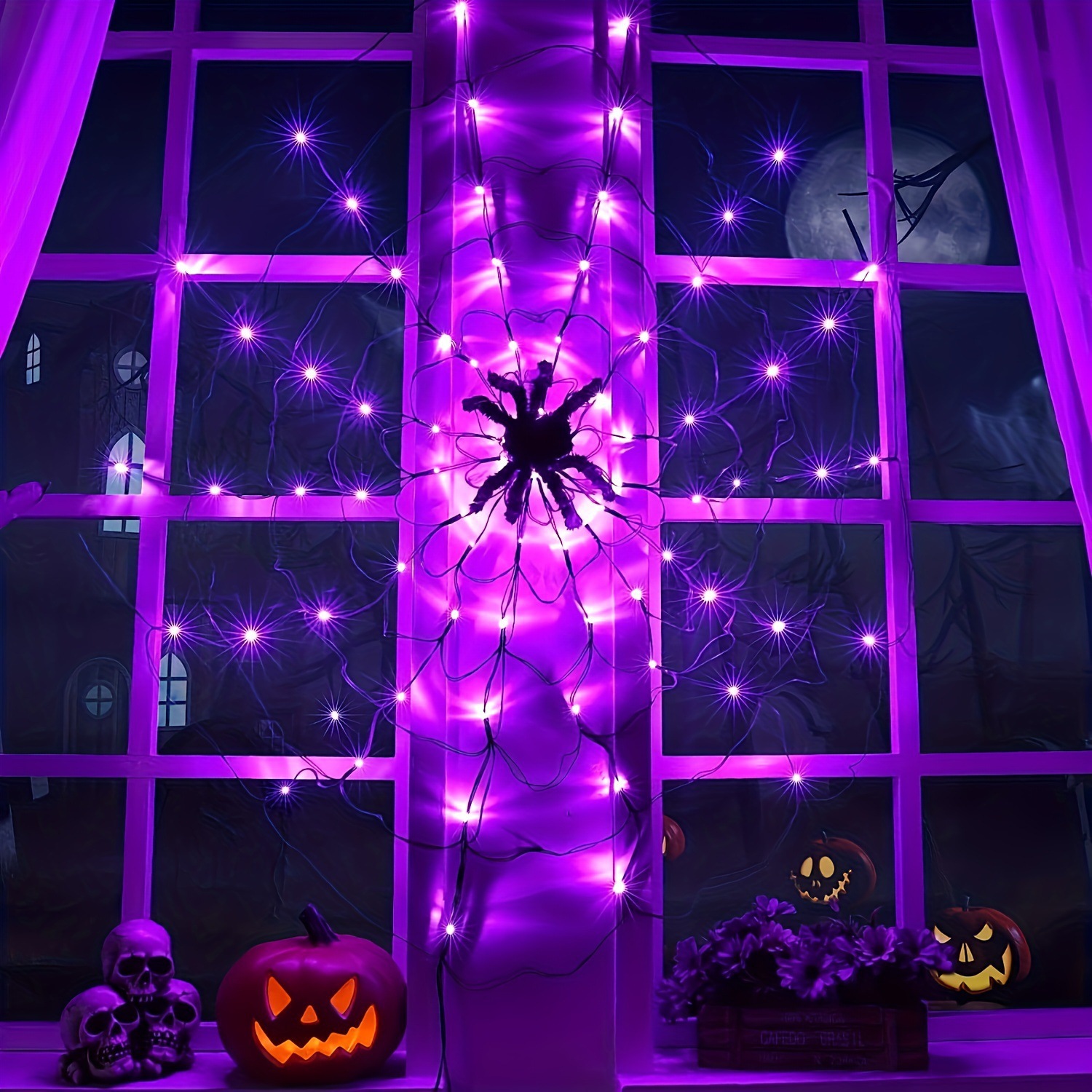 Halloween Spider Web LED String Lights, 5V Battery/USB Powered with Remote Control, PVC Purple/Orange Dual Color Decorative Lights for Halloween Decor