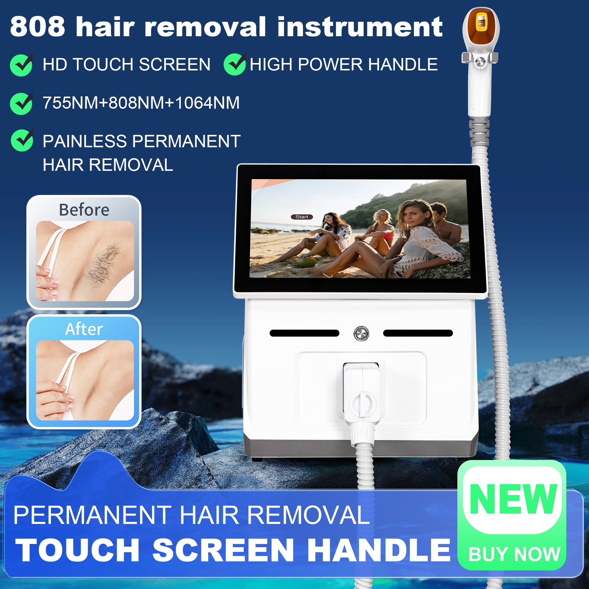 Professional Diode Laser Ice Cooling Hair Removal 3 Waves 755nm 1064nm 808nm Painless Permanent Equipment