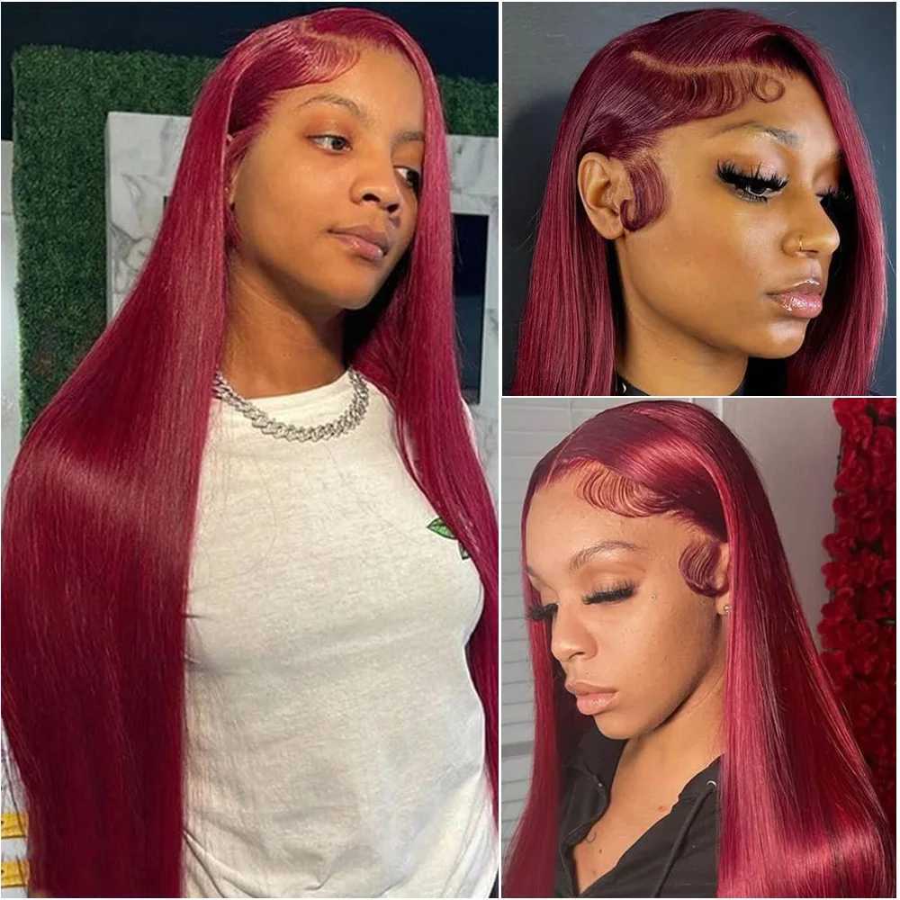 30Inch Burgundy Bone Straight 99J Colored 13x4 Lace Front Wig Human Hair 13x6 HD Transparent Lace Frontal Wigs For Women W251023