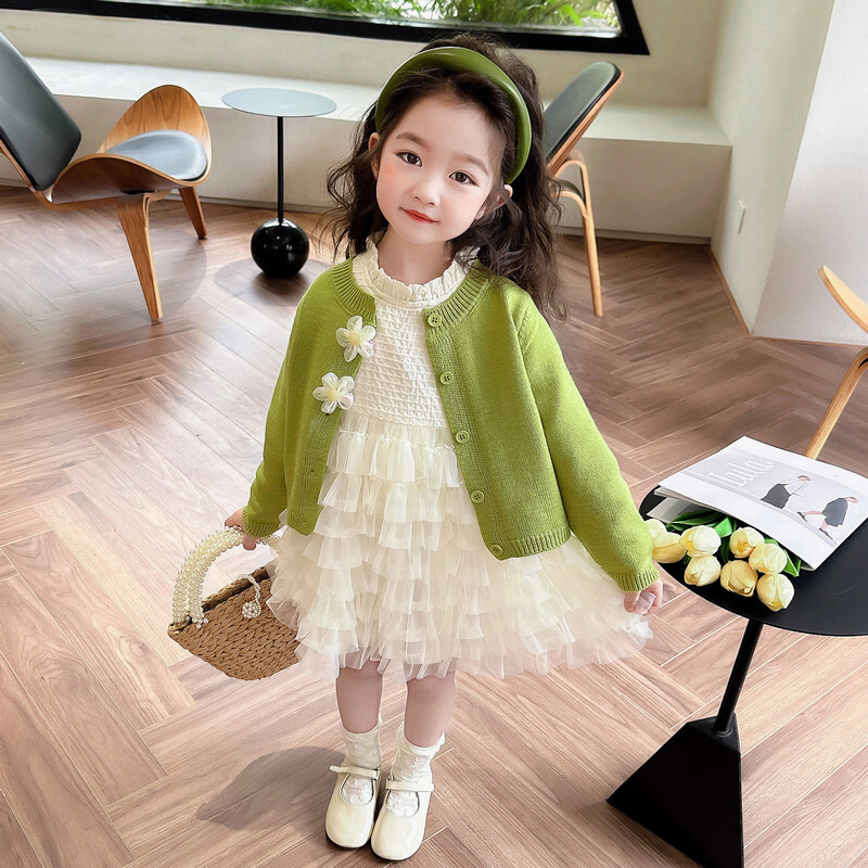 Girl fashion designer dress autumn fashion children's princess dress one year old baby formal dress cardigan wool sweater mesh dress spring and a