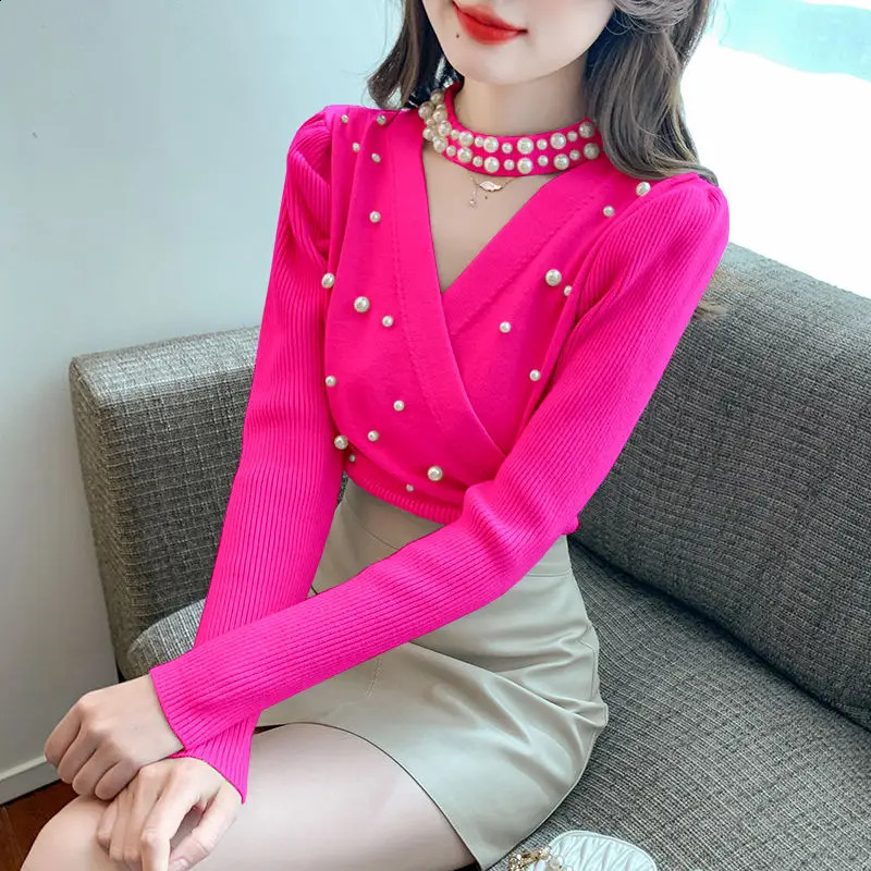 Ladies Fashion Allmatch Irregular Knitting Vneck Pullovers Autumn Winter Fashionable Embroidered Flares Hollow Out Sweater 251020