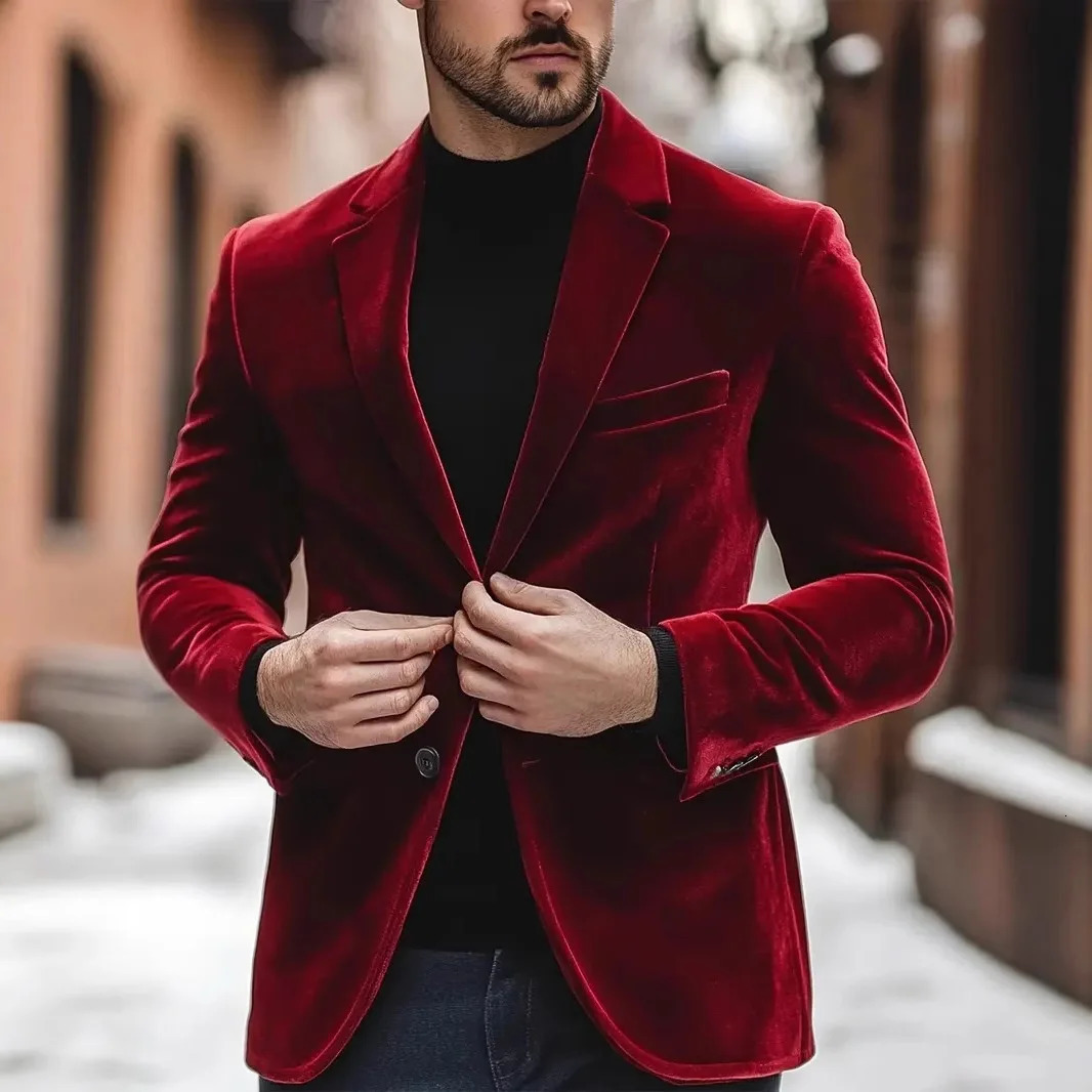 Mens Velvet Suit Jacket Banquet Wedding Formal Suit Solid Color Long Sleeve Blazer Jacket 251023