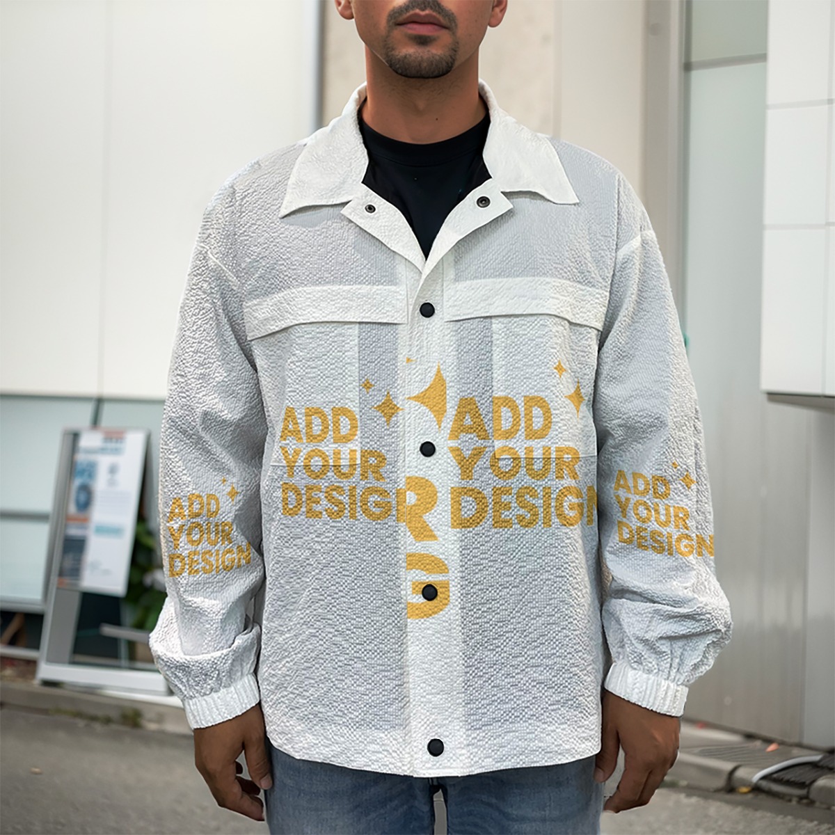 DHgatepod Men's All-Over Print Casual Jacket - Lightweight 135GSM Poly-Spandex Stand Collar Coat with Chest Pockets