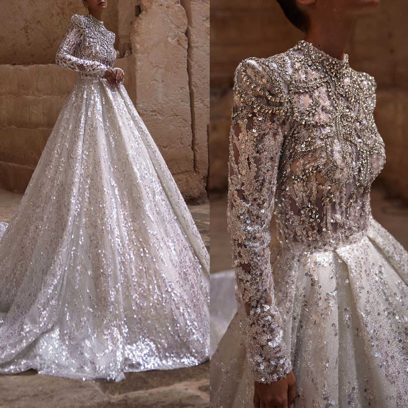 Amazing Ball Gown Wedding Dresses High Neck Long Sleeve Lace Crystal Sequined Royal Custom Made Bridal Gowns Vestido De Novia