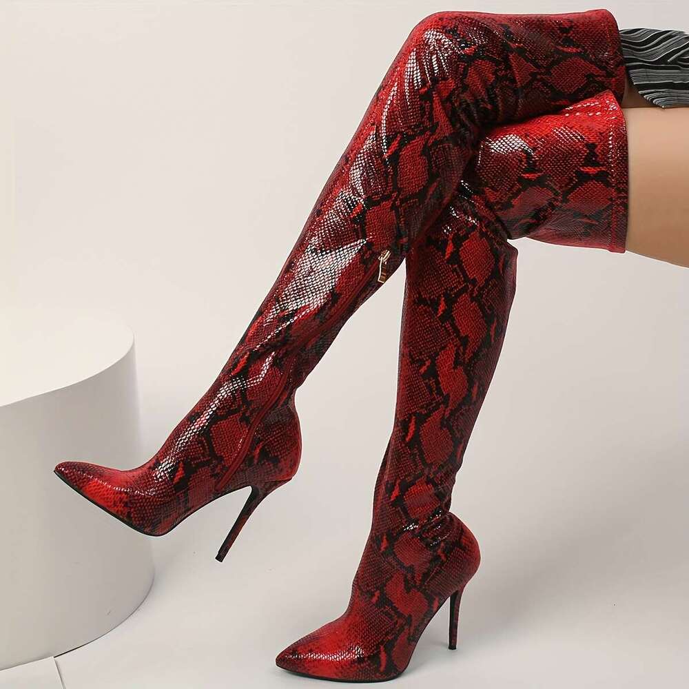 Mei Oi Women's Snake-Print Pointed Toe Stiletto Over-The-Knee Boots - Ultra-High Platform Heel, Stretch Synthetic Cover With Zipper Closure, All-