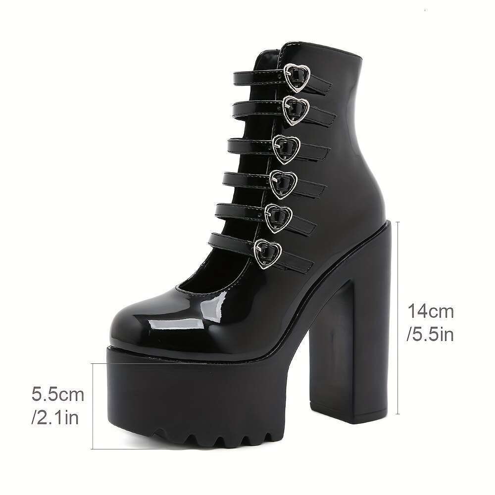 Women's Black Mary Jane High Heels With Heart Laces - Stylish, All-Season, Round Toe, Block Boots, Rubber Sole, Polyurethane Upper, Inner & Insol