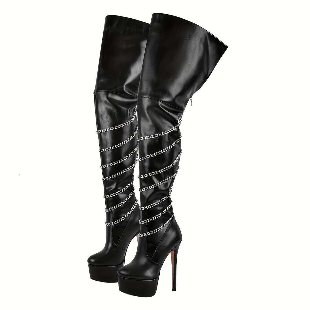 Women's Black Faux Cover Over-The-Knee With Metallic Chain Straps, Stiletto Side Zipper Closure - Stylish Thigh-High Platform For Fashion & Parti