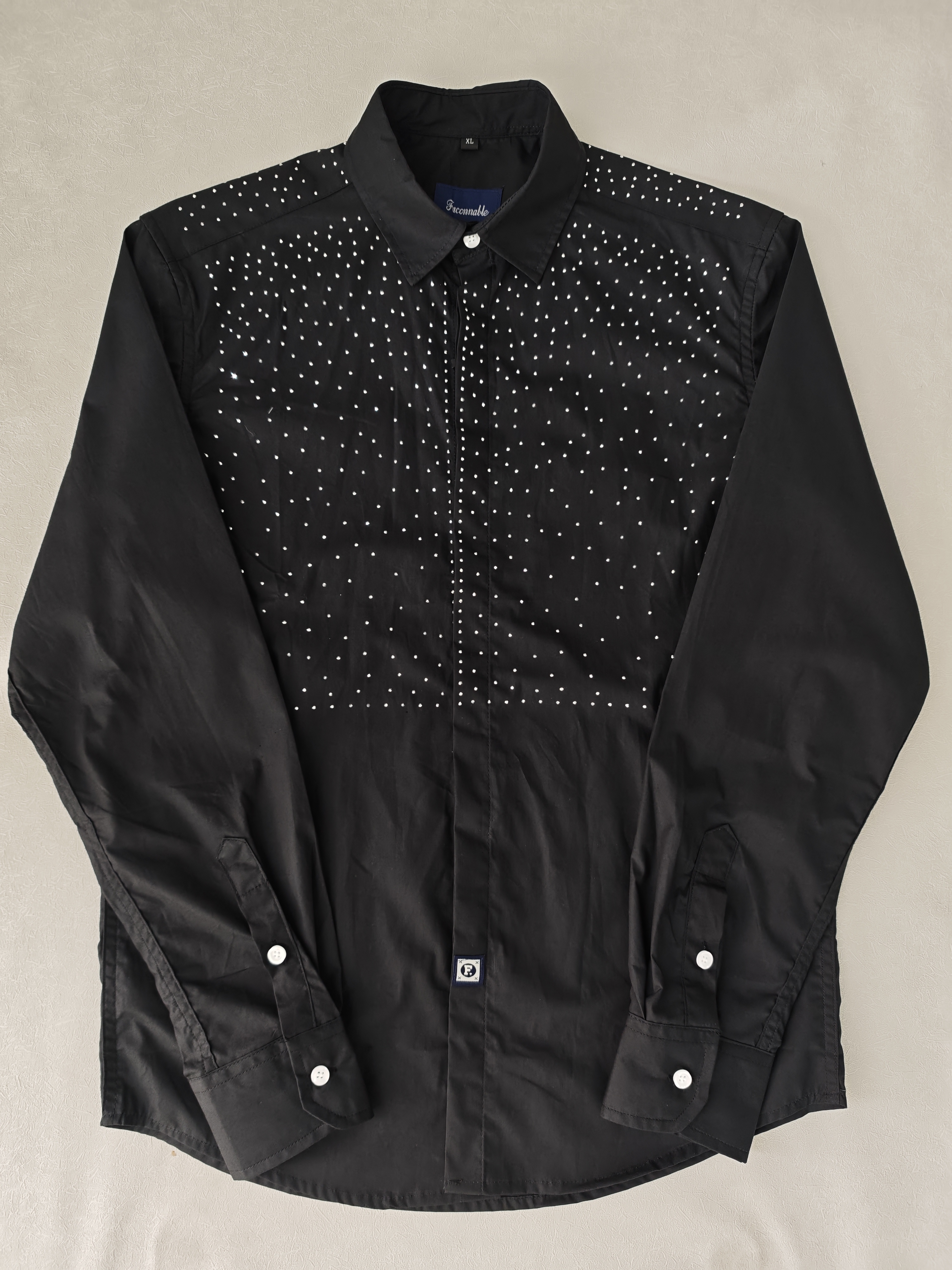 Men's Loose Fit Solid Color Shirt with Rhinestones - 100% Cotton, Breathable & Stylish, Sparkly Design for Casual & Party Wear-NO04
