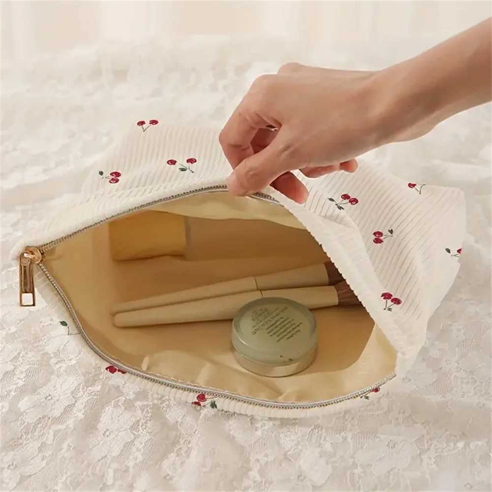 Hand Painted Cherry Corduroy Drawstring Makeup Bag Lightweight Travel Toiletry Pouch Bohemian Style Cosmetic OrganizerT251024