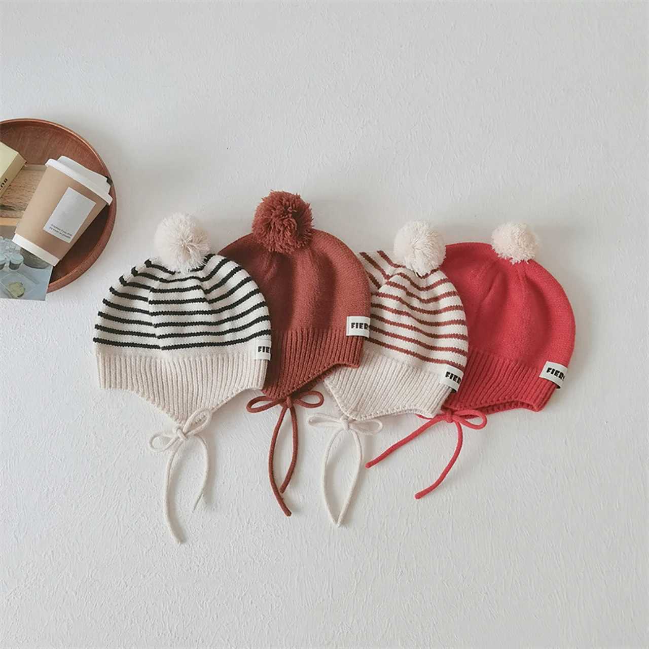 Fashion Striped Children Ear Protection Hat Solid Color Woolen Knit Hat 26Year Kids Winter Warm Pullover Cap Plush Ball BeaniesL251024