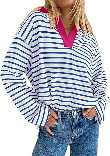 2025 Autumn and Winter New Striped V-Neck Color-Block Loose Long-Sleeve Sweatshirt Jacket