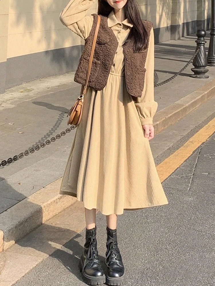 In Dresses Girl Preppy Style Shirt Dress Solid Long Dresses With Sleeves Elegant Womens Dresses 2025 Woman Clothing 251023