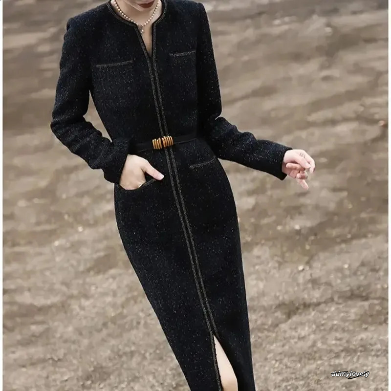 Tweed Dresses Women, Elegant Midi With Bright Silk Accents, Long Sleeves, Slim Fit Party Dress For Celebrations Ddmylovely