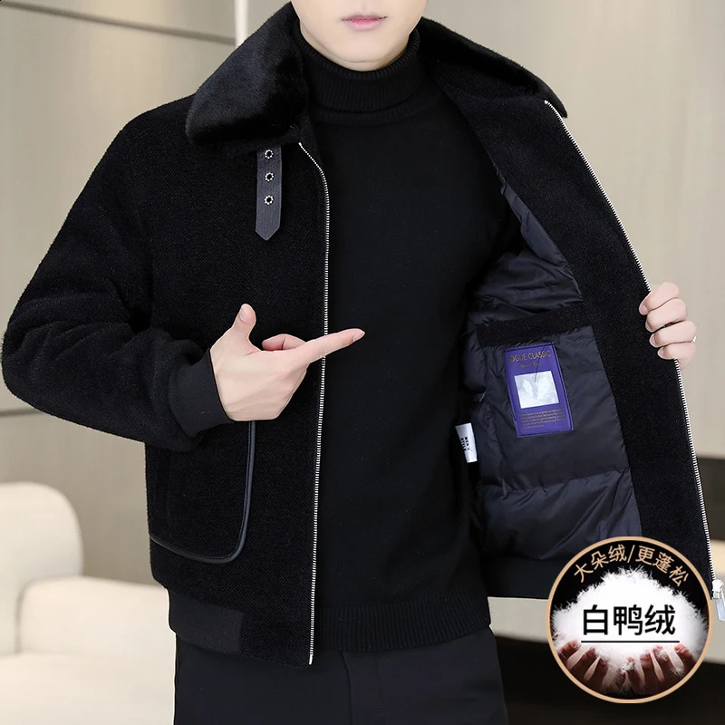 HighQuality Mens Short Woolen Puffer Coats Winter Detachable Fur Collar Warm White Duck Down Jacket Casual Thicken Parkas 251020