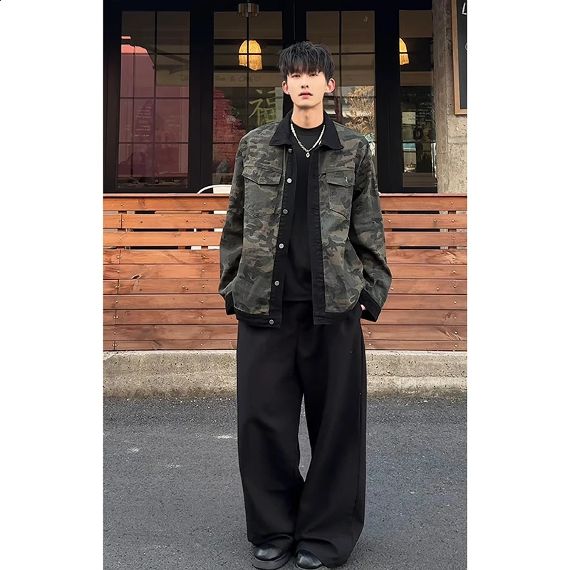 Mens Autumn Washed Turn Down Collar Camo Denim Jacket SingleBreast Long Sleeve Loose Fit Vintage Workwear Coat Street Style 251017
