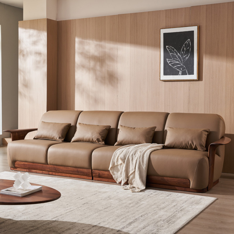Black Walnut Solid Genuine Leather Natural Wood Style Nordic Living Room Four-Seater Single-Seater Combination Sofa