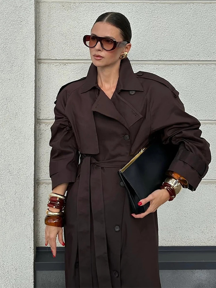 Burgundy Lace Up Trench Coat Womens Fashion Solid Lapel Long Sleeve Double Breasted Loose Jackets Lady Commute Streetwear 251021