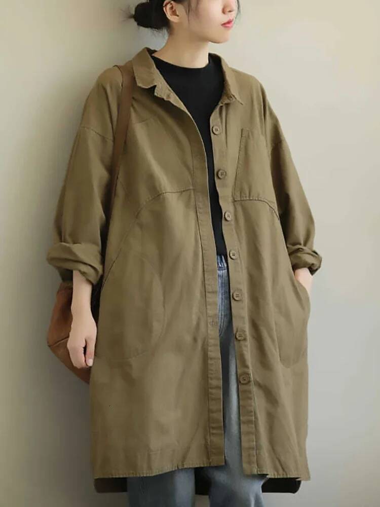 Spring Autumn New Mid-Length Trench Coat Loose Elegant Simple Artsy Casual Big Pocket All-Match Chic Office Ladies Outfit dongdumaoyi