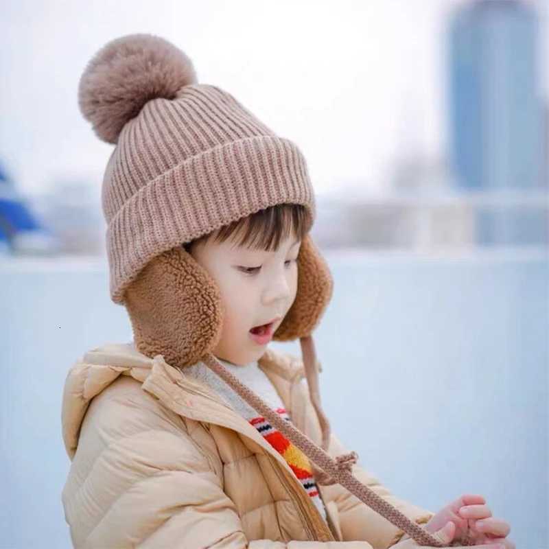 Children Warm Earmuffs Cap Cute Plush Ball Knitted Hat 28year Kids Ear Protection Hats Baby Solid Woolen Winter Beanies BonnetL251024