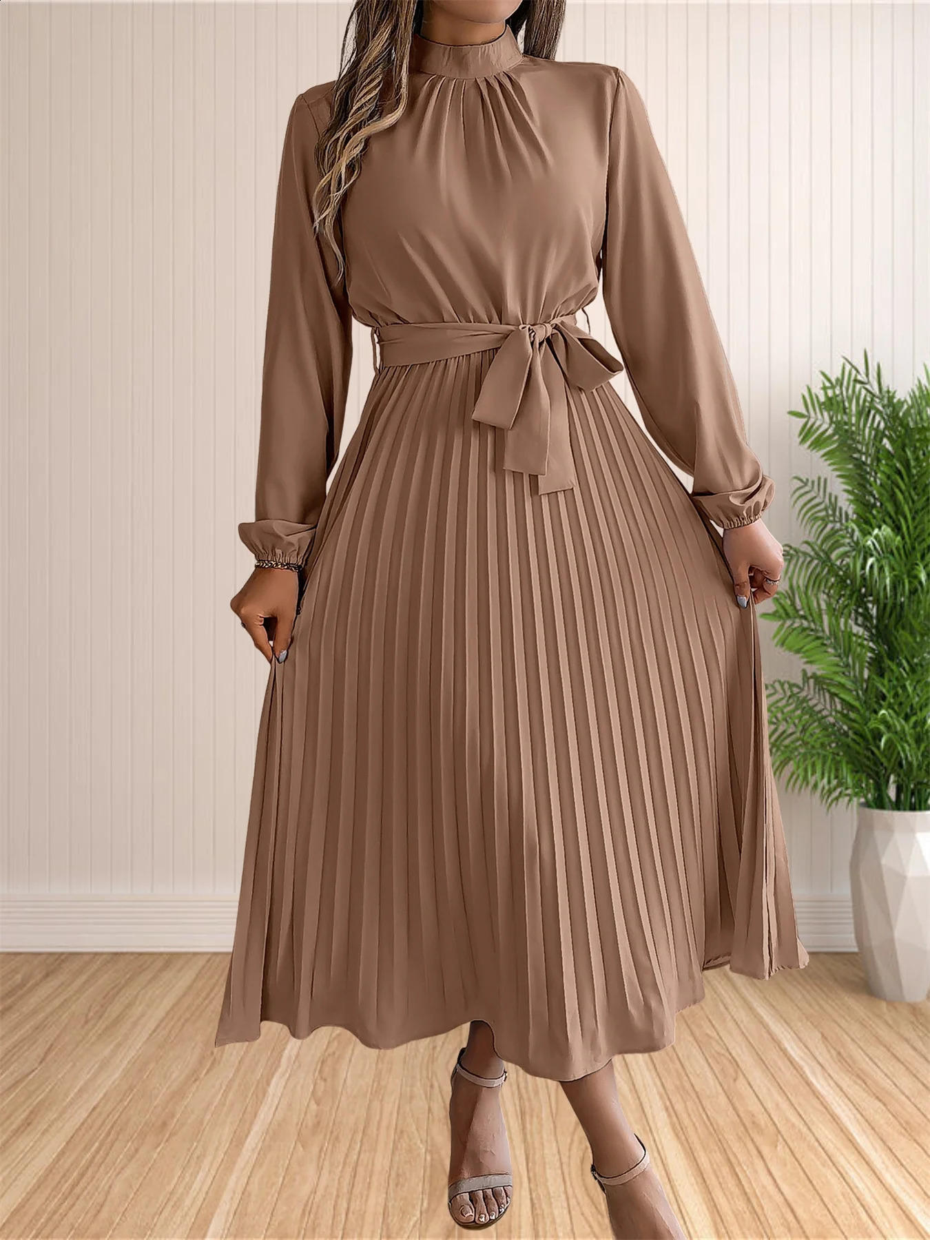 Womens Long Dresses Summer Elegant Pleated Long Sleeveed Lace Up Dresses Beach Boho Wrap Ruffle Hem Swing Sundress 251023