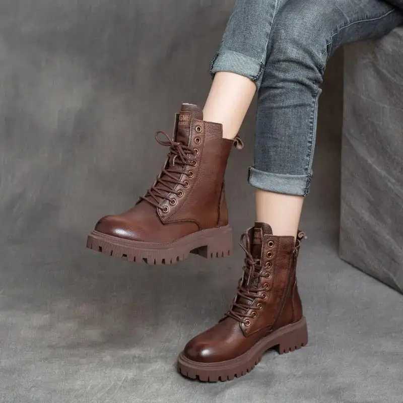2025 Genuine Leather Womens Boots Velvet Autumn Winter Thick Heel Cowhide Shoes Handmade Retro Platform Booties W251024