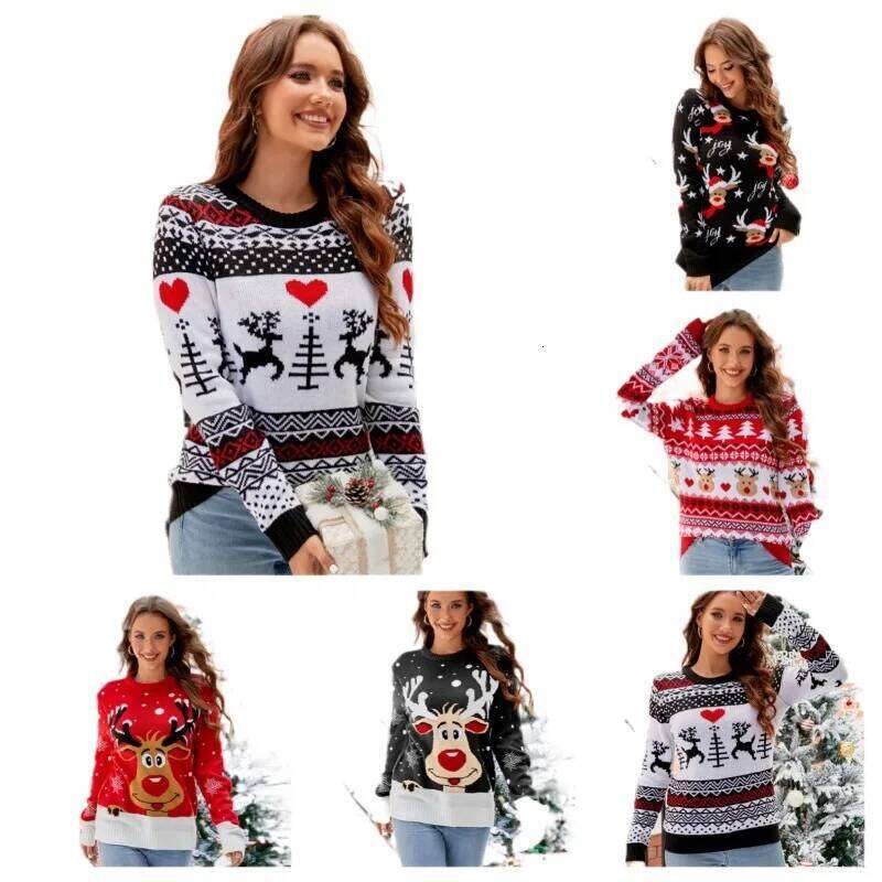Women's Christmas Sweater With Reindeer Heart Patterns Crew Neck Long Sleeve Knitted Pullover Prints For Festive Cozy Outfits