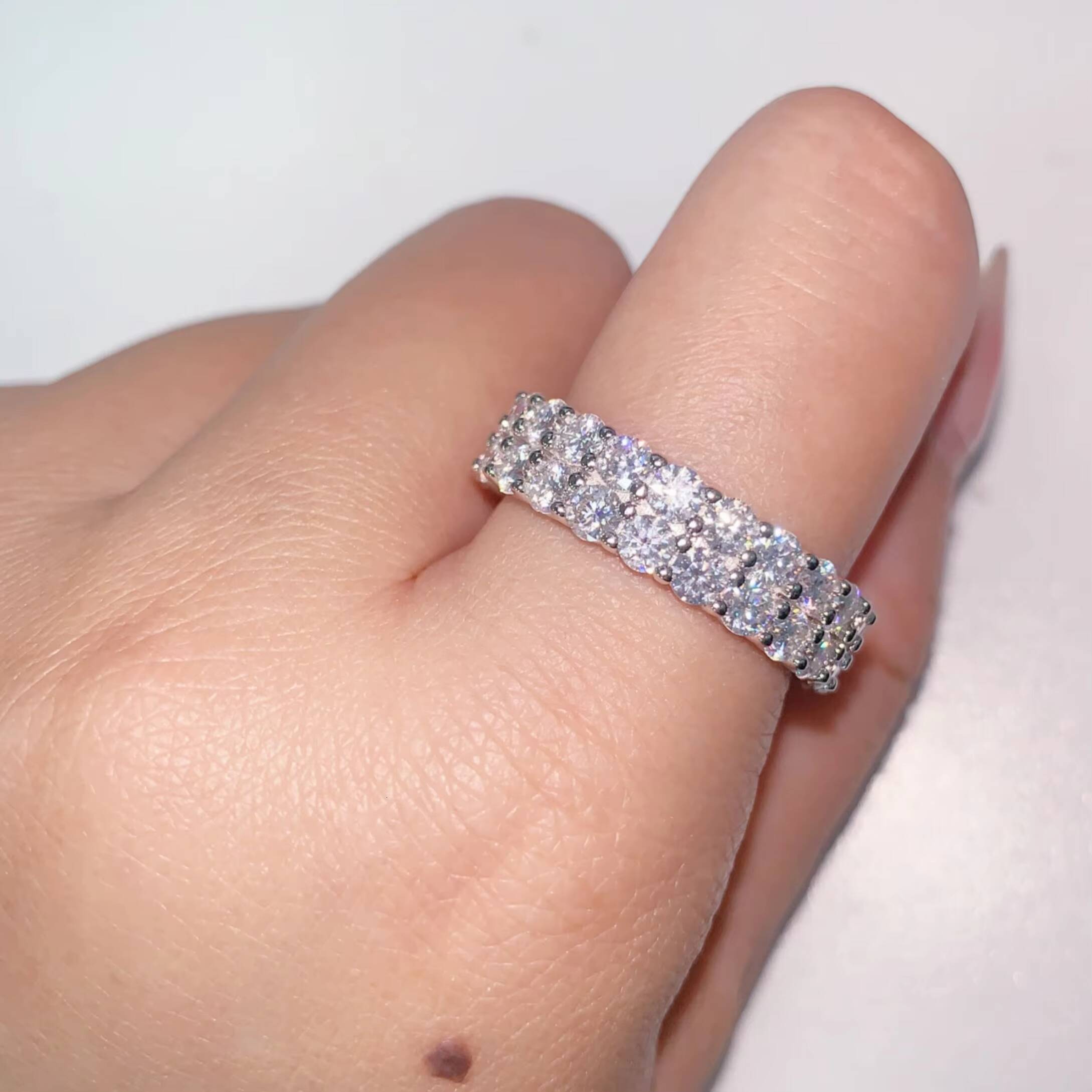 Full Eternity Ring Moissanite 3mm 2 Row Engagement Ring for Men Pass Diamond Fine Jewelry 925 Silver Band Ring