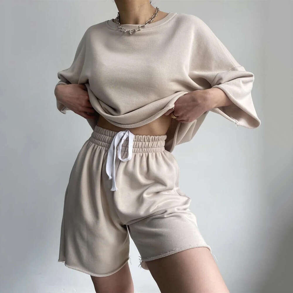 Street Style New Casual for Women: Half Round Neck Loose Short Sleeve Tie Shorts Two-Piece Set