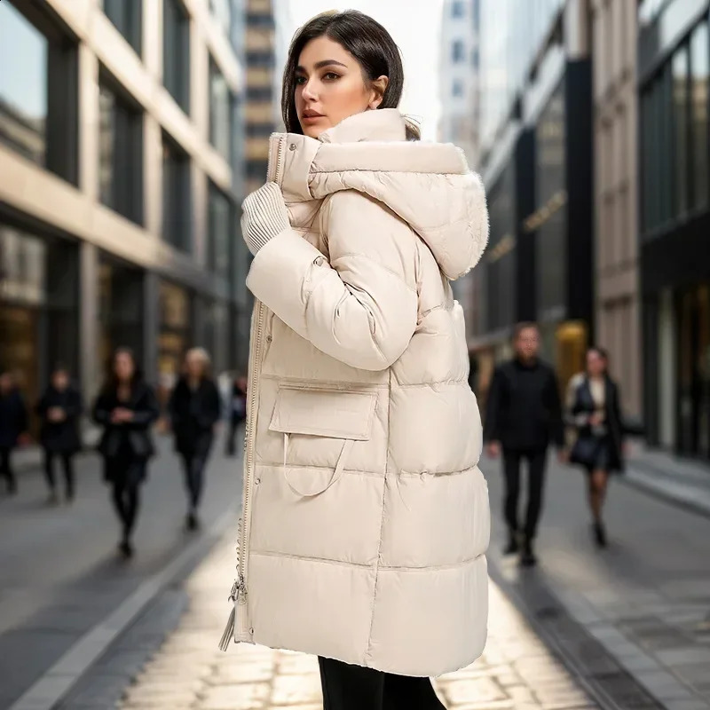 2024 Winter Long Womens Down Cotton Jacket Female Stand Collar Hooded Parkas Pockets Coat Knee Length Thick Warm 251018