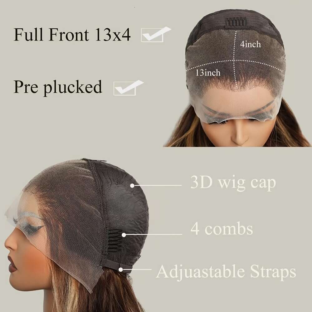 13x4 Honey Blonde Straight Lace Front Highlight Ombre 200% Density Plucked Pre Cut Transparent Frontal Human Wigs For Women With Baby Hair 4/27