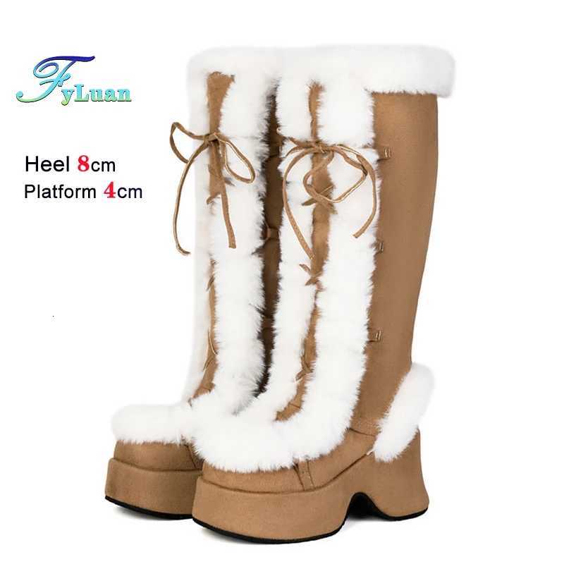 8CM Chunk Heels Winter Warm Knee High Boots Women Snow Short Plush Platform Boots Faux Fur Cosplay Laceup Long Shoes Size 3443 W251024