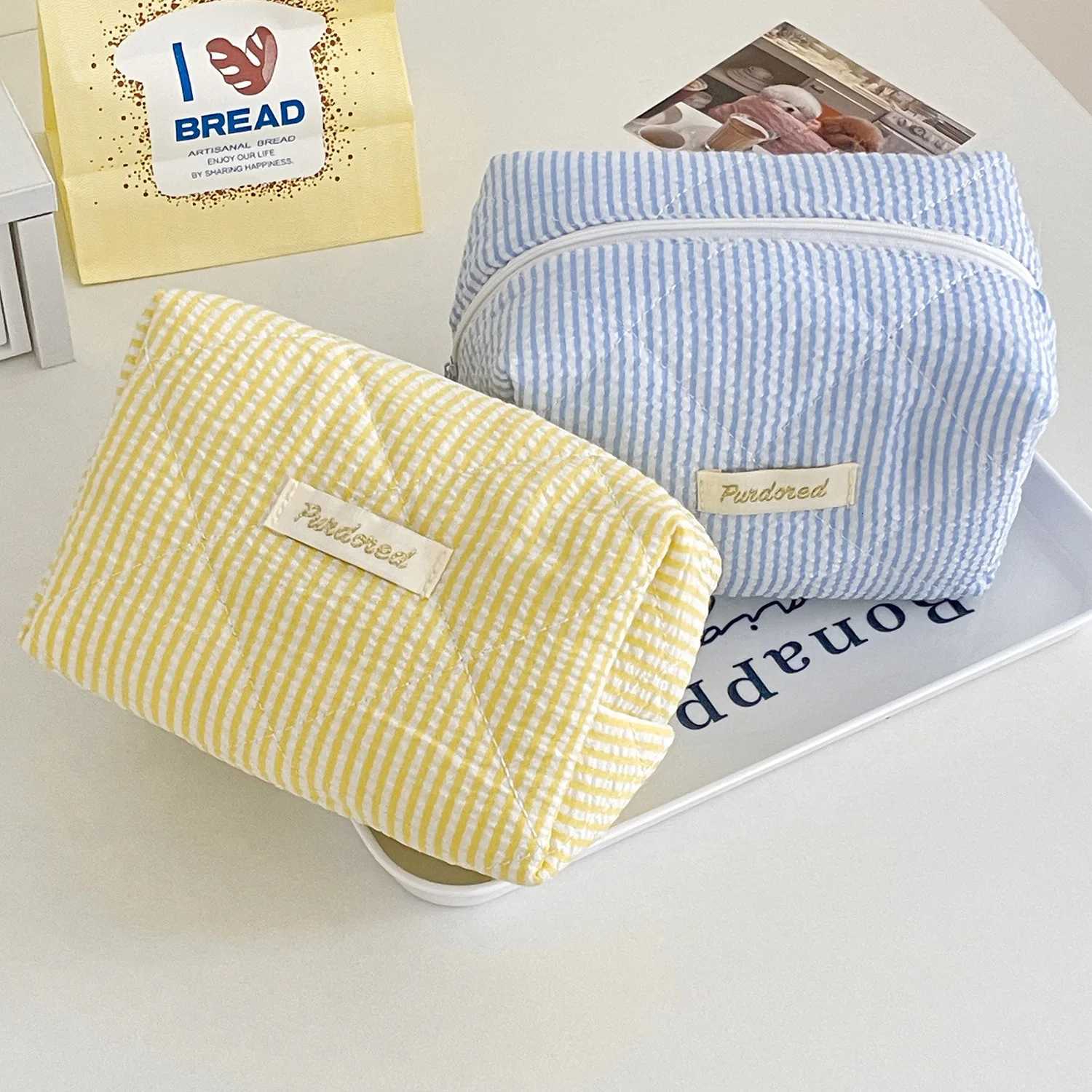 Candy Color Stripe Womens Storage Bags Casual Female Cosmetic Bag High Capacity Cute Female Pencil Case Makeup Bag HandbagsT251024