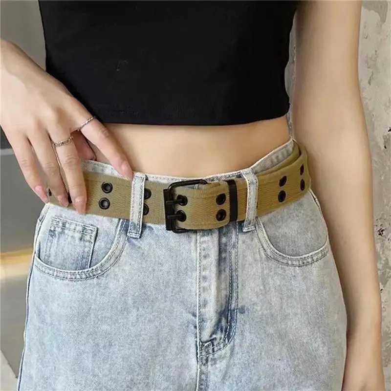 Solid Color Casual Canvas Woven Belt Fashionable Double Round Buckle Hole Belt Versatile Mens Double Needle Buckle Belt W251024