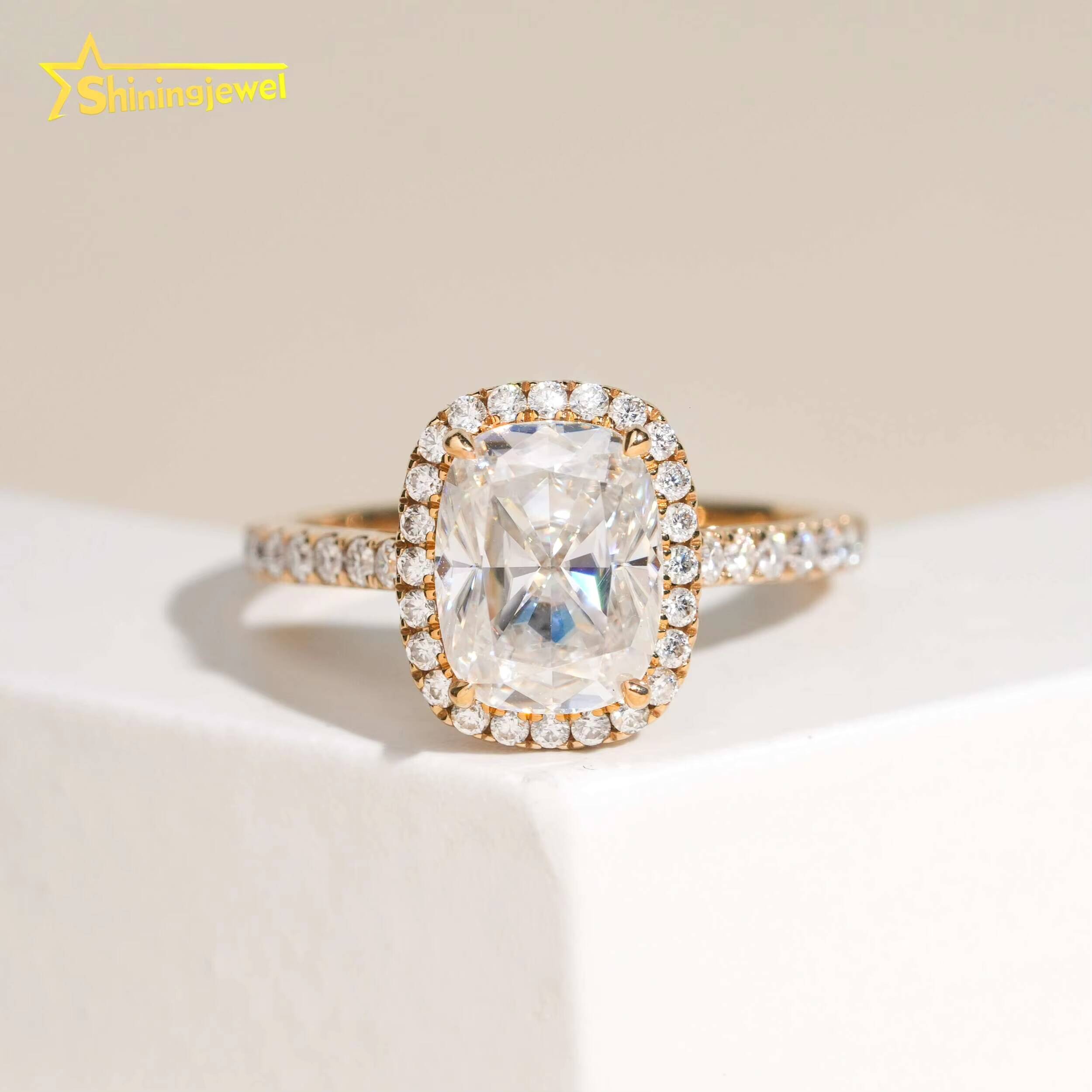 14k Solid Gold Engagement Wedding Pass Diamond Test Long Cushion Cut Moissanite Lab Diamond Cluster Design Ring for Women