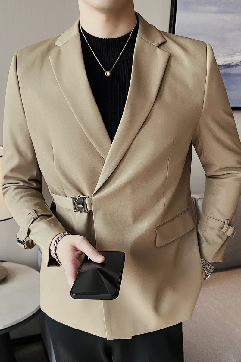 Men Party Wedding Banquet Blazer Solid Metal Buckle Decoration Blazer For Italian Suit Jacket Slim Fit Blazer Homme 251023