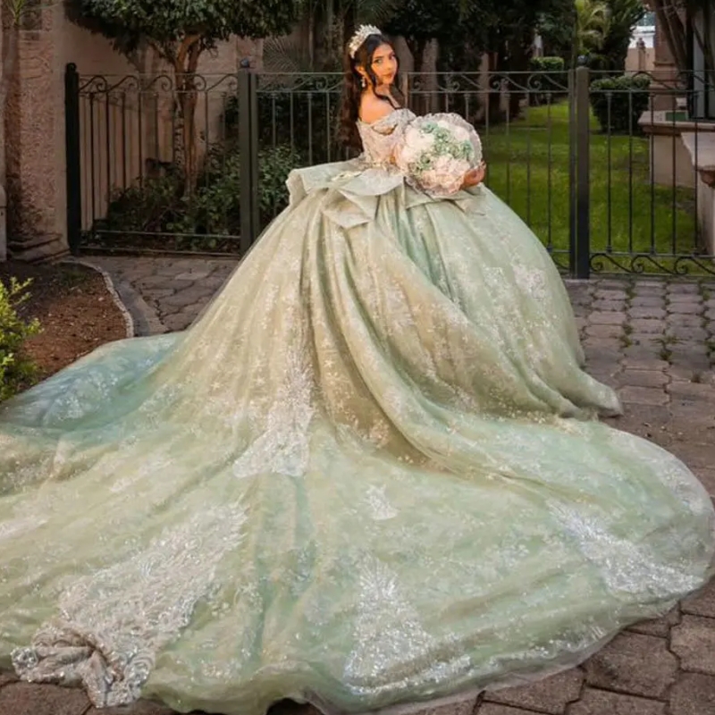 Light Green Glitter Crystal Sequined Quinceanera Dresses Ball Gown Beading Appliques Lace Sweet 15 Anos Mexican