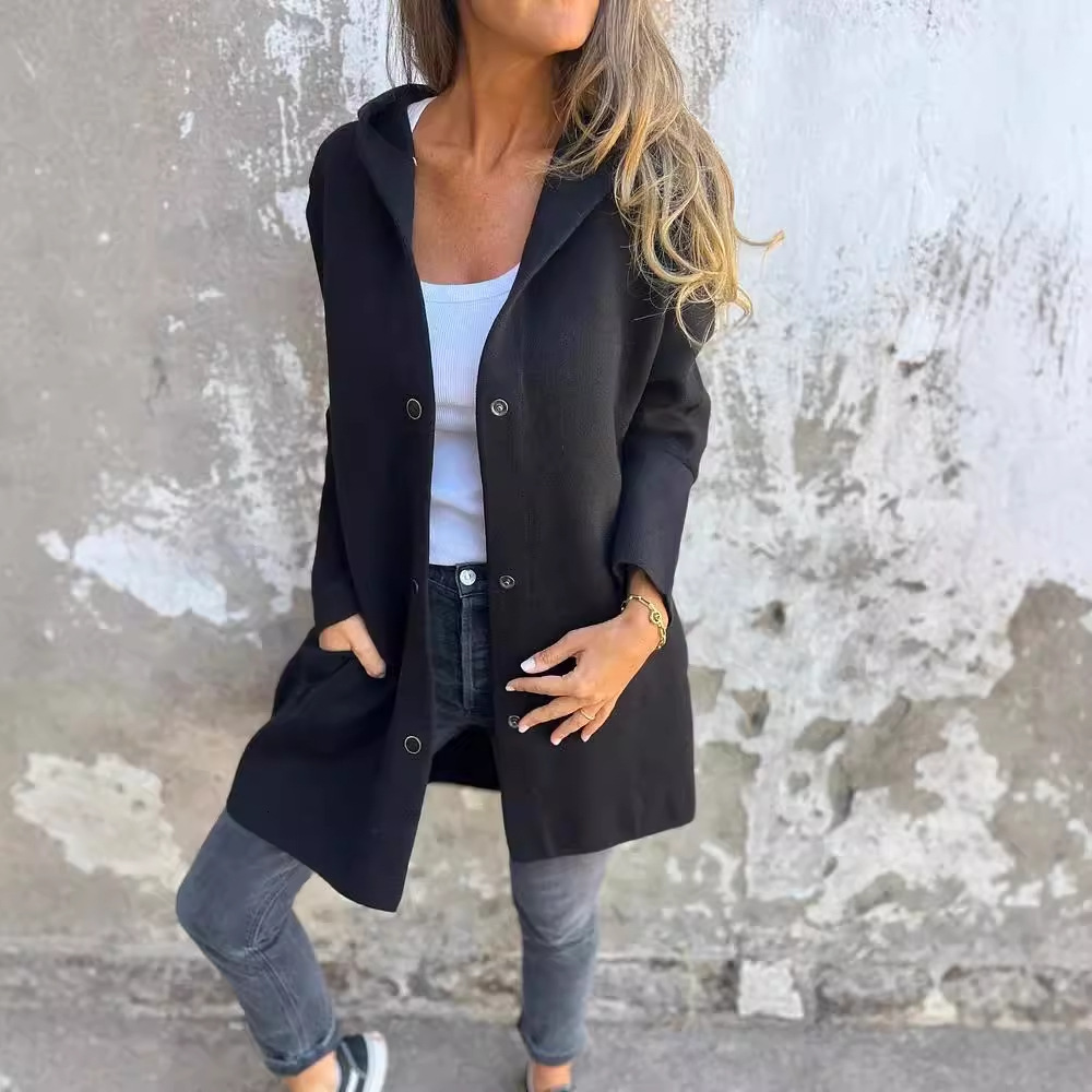 2025 Autumn Winter Solid Color Casual Single-Breasted Hooded Jacket Coat