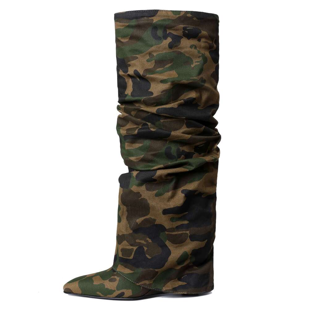 Knee Shark For Women, Fold Over Ruched Slouchy Pleated With Wedge High Heels Pointed Toe Pull On Mid Calf Boots