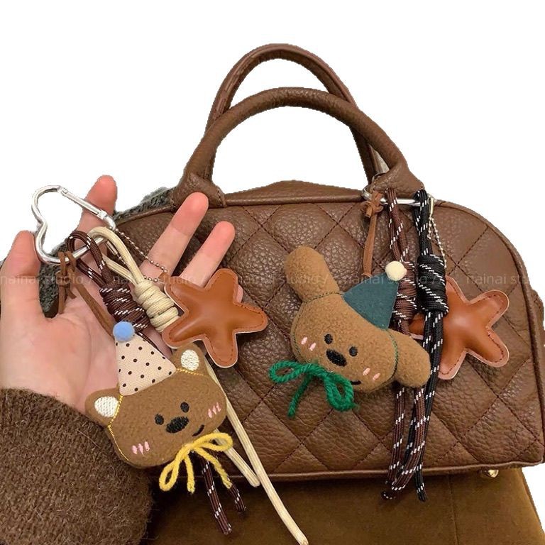 High-End Coffee Brown Cartoon Plush Bear Charm - Cute Doll Pendant, Beaded Chain Keychain for Backpacks Wholesale
