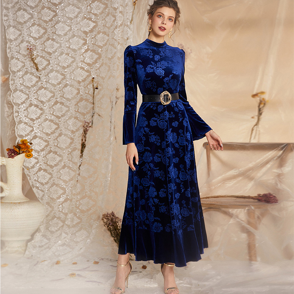 Designer Fashion Autumn/Winter New Style European and American Women's Elegant Silk Fleece Lace Long Sleeve Dress